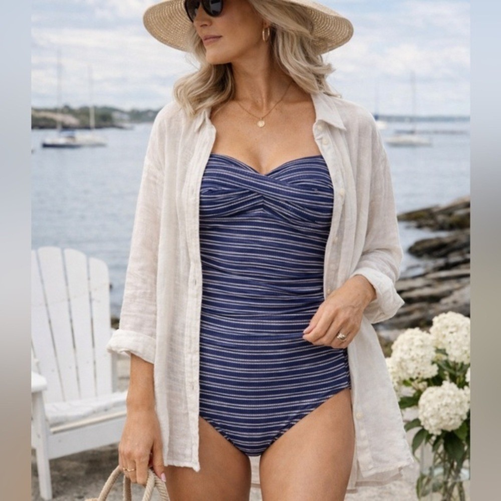 Niptick Navy Coastal Grandma Nautical Striped One-Piece Swimsuit Bustier Style 8